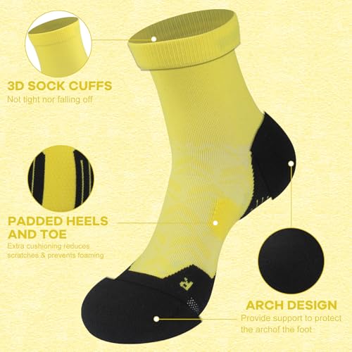 NIcool Cycling Socks For Men, 1/3 Pairs Bright Seamless Compression Running Crew Socks Youth Cushioned Tennis Quarter Socks - color: 3 Pairs Yellow