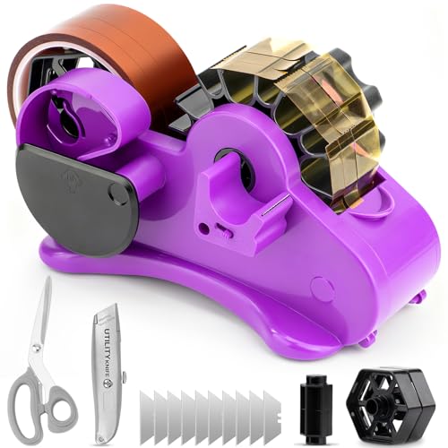THINKLEARN Tape Dispenser with Scissors and Utility Knife, Purple - color: Purple