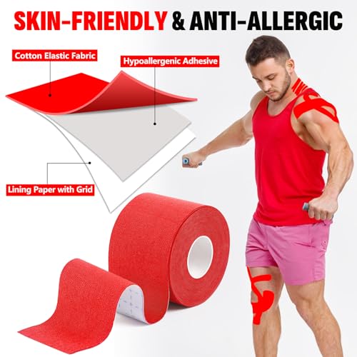 5 Rolls Red Kinesiology Tape, 2 inch x 16.4 Feet Kinetic Tape - color: Red