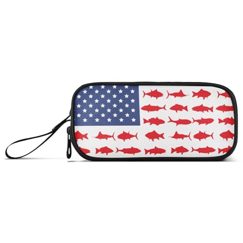 Fisyme Fish Usa Flag Pencil Case Large Capacity Pen Box Makeup Pouch Holder Organizer Stationery Bag for School Office College Traval - color: Multi-Blue Red White