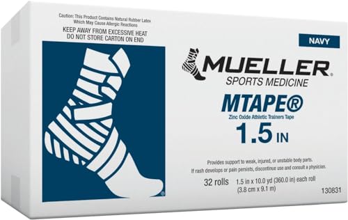 Mueller Sports Medicine MTape Rolls Team Pack, Quality Athletic Tape, Easy to Tear for Fast & Effective Taping, 1.5" x 10 Yards Per Roll, 32 Rolls - color: NAVY