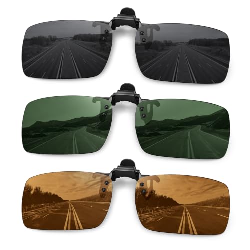 MEETSUN Polarized Clip On Sunglasses for Men Women, Fit Over Glasses - color: 3pack-black+dark Green+brown