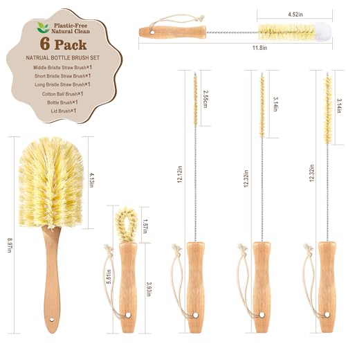 Bottle Brush Set - 6 Pack Sisal Bristle Natural Bottle Brush, All in One Bottle and Straw Brush Cleaning Set for Water Bottles, Glasses, Cups and Lid
