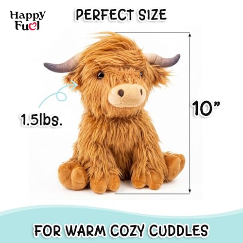 Highland Cow Microwavable Stuffed Animal – 1.5 lb Unscented Heating Pad Plush, Soft Cozy Cute Cow Toy for Relaxation and Comfort, Gift for Women, Girls, Adults & Kids by Happy Fuel - color: Brown Highland Cow (Sitting Down)