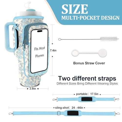 Stanley Carrier Bag for Stanley 40oz/30ozTumbler with Phone with 2 Adjustable Strap,3 Pockets Bottle Stanley Cup Carrier Bag & Case,Accessories for Hiking Travelling - color: Blue Flowers