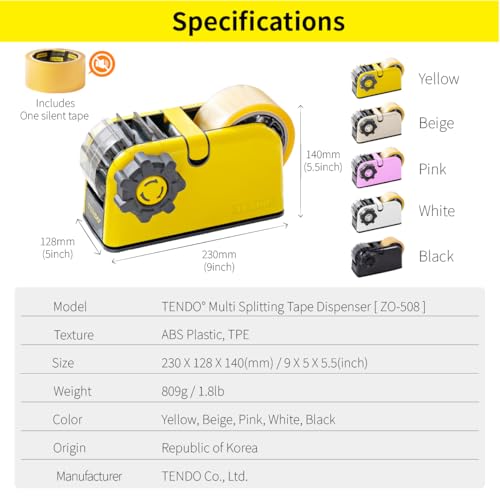 [TENDO°] TENDO Multi-Section Tape Dispenser, Custom Width Tape Cutter with 4 Cutting Sections, Built-in Safety Blade, Ergonomic Grip for Packing and Office Use, ZO-508(Yellow) - color: Yellow