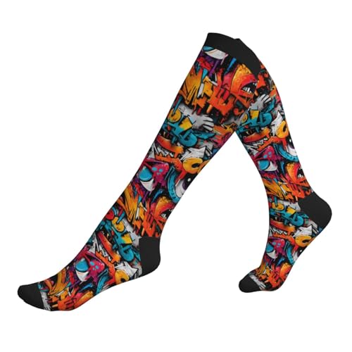 Compression Socks Knee High Circulation Support Socks For Women Men Athletic Running Work Hiking Cycling Travel - color: Graffiti
