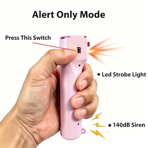 3-in-1 Pepper Spray Personal Alarm, 140dB Siren 3 Strobe, College Student Dorms Campus, Easy One Hand Operation, 12ft 25 Bursts 12 Seconds UV Marking Dye Gel, Rechargeable, Young Women Safety Keychain - color: Pink