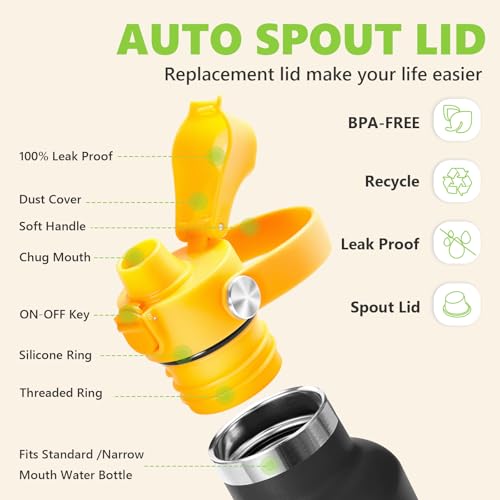 EIPOSAU Auto Flip Lid for Hydro Flask Standard Mouth Bottle, Spout lid for HydroFlask Narrow Mouth Bottle, Replacement Lid with Button Lock - color: Yellow