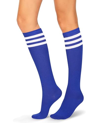 Women's Knee High Athletic Socks Casual Stripes Tube Socks Outdoor Sport Socks - color: Triple Blue White Stripeue- 1 Pack
