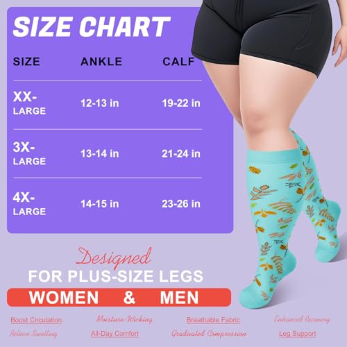 4 Pairs Plus Size Compression Socks,Extra Wide Calf 20-30 mmHg Knee High Compression Socks for Men Women Circulation - color: 08-grey Flower, size: XX-Large