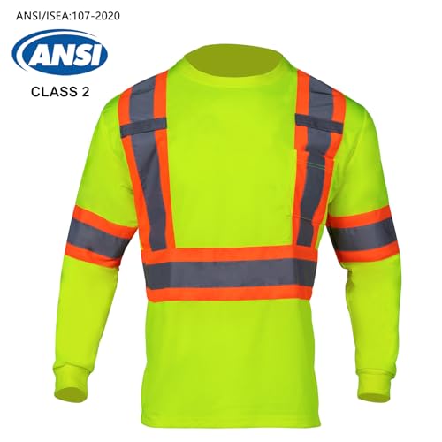 VENDACE Men's High Vis Safety Work T Shirt ANSI Class 2 Reflective Long Sleeve Shirt with Pocket(Yellow,L) - color: Yellow, size: Large