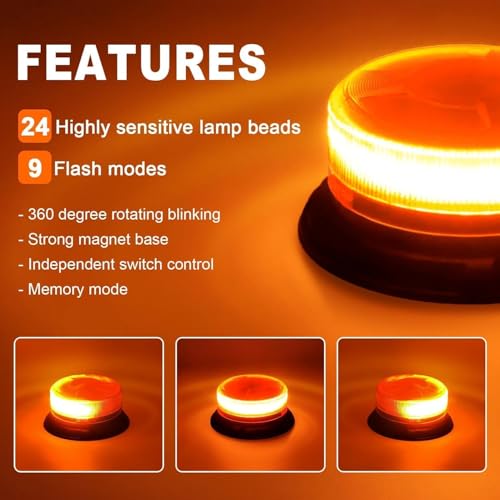 Amber Magnetic Strobe Beacon Light for Trucks & Golf Carts, Rechargeable