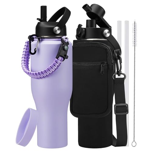 40 oz Insulated Bottle with Straw & Spout Lid – Leak Proof fit Cup Holder - color: Light Purple, size: 40 Ounces