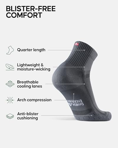 DANISH ENDURANCE Running Socks for Men & Women, Quarter Socks, 3 & 5-Pack - color: Grey/Black, size: Large