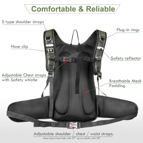 Mothybot Insulated Hydration Backpack Pack with 3L BPA Free Leak Proof Water Bladder, Large Storage Lightweight Hiking Daypack with Waist Pouches & Cooler Layer, for Running, Biking, Camping, Festival - color: Olive
