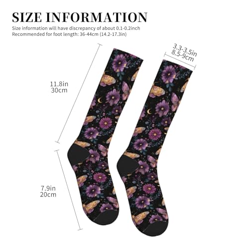Cute Compression Socks Knee High Support Stockings Women Men - color: Purple Moth Flower