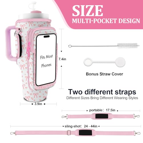 Stanley Carrier Bag for Stanley 40oz/30ozTumbler with Phone with 2 Adjustable Strap,3 Pockets Bottle Stanley Cup Carrier Bag & Case,Accessories for Hiking Travelling - color: Rose Bow