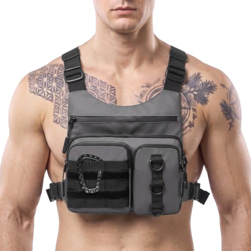 Criuage Outdoor Chest Bag for Men, Lightweight Adjustable Running Vest, Water Resistant EDC Chest Pack with Water Bottle Pocket, Breathable Back Pad for Hiking Cycling Fishing Travel - color: Grey