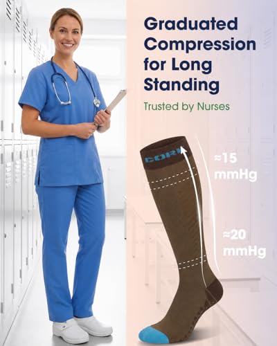 Compression Socks with Grips for Women Toe Pilates Socks Grippy Socks Woman Hospital Non Slip for Pregnancy Nurse - color: B04-Coffee/White