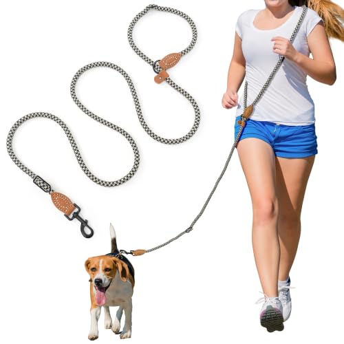 Mile High Life Hands Free Dog Leash, Crossbody Waist Leash with Genuine Leather Connection, Multifunctional Adjustable Slip Lead for Dog Walking Running (Black Khaki, 7FT) - color: Black Khaki, size: 7FT Hands Free
