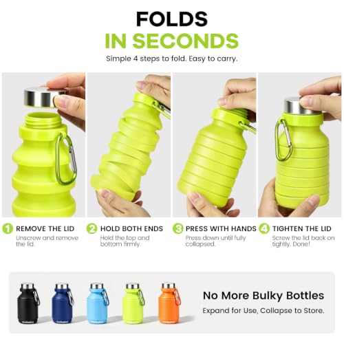Nefeeko Collapsible Water Bottle, Reuseable BPA Free Silicone Water Bottles - color: Green-18oz