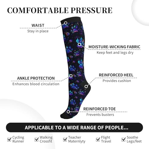 Compression Socks Women Knee High Support Circulation Stockings for Running Cycling Flying - color: Paw Print