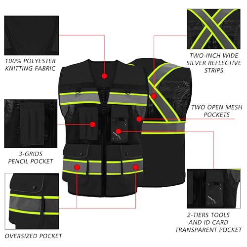 Safety Vest High Visibility Reflective Construction Vest for Men - color: Black, size: X-Large