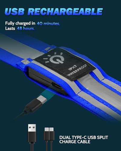 Fitense LED Reflective Belt Sash - 5 Lights Colors & 3 Light Modes High Visibility Night Safety Belt, Rechargeable Light Up Running Gear Adjustable Vest Straps for Runners Walkers Men Women - color: Blue, style: Classic