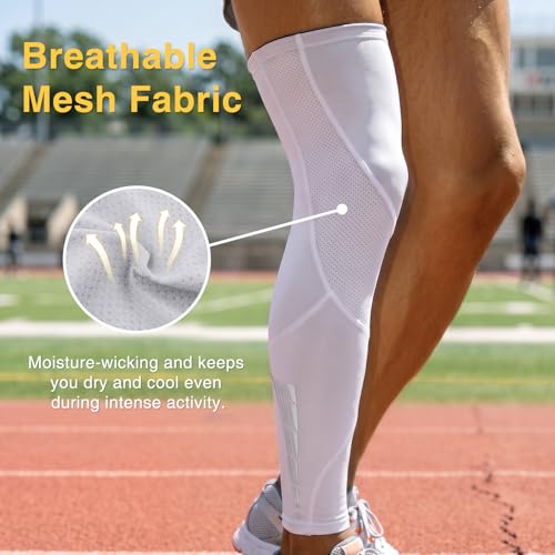 NuCamper Full Leg Compression Sleeve for Men Women 2 Pack Leg Sleeves - color: White, size: Medium