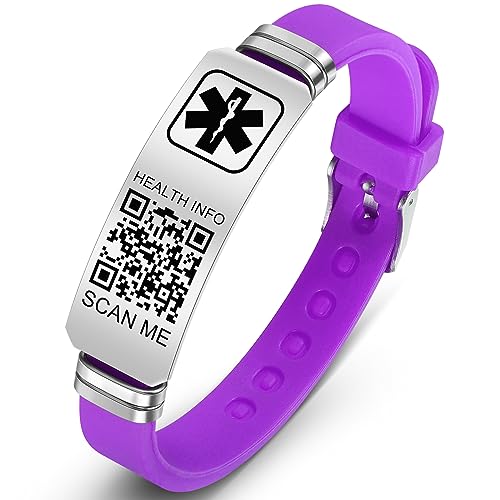 Medical Bracelets for Men Women with QR Code Medical Alert ID Bracelets - color: Violet Silver