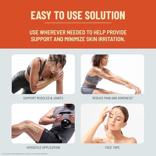 KT Tape, Kinesiology Athletic Tape, Gentle Adhesive for Sensitive Skin, 20 Count, 10" Precut Strips, Beige