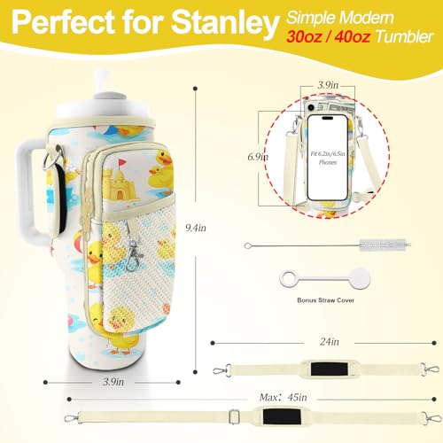 Water Bottle Carrier Bag for Stanley Cup 40oz/30oz with Phone Pocket, Neoprene Water Bottle Holder with Adjustable Shoulder & Handle Strap, Stanley Cup Accessories for Walking Travel Gym - color: Duck