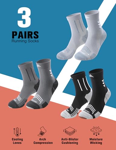Mens Compression Running Socks: 360° Targeted Support Secure Fit - color: B-black Gray Gray, size: 6-9