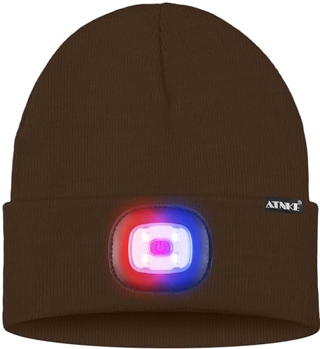 ATNKE LED Lighted Beanie Hat,USB Rechargeable 4 LED Red and Blue Flashing Running Headlamp Cap Gifts for Men and Women - color: #Coffee