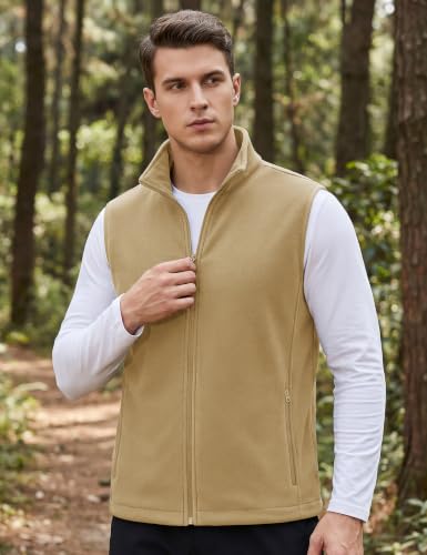 TACVASEN Men's Fleece Vest Winter Casual Vests Outerwear Sleeveless Jacket - color: Khaki, size: Large
