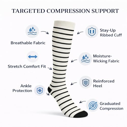 Diamond Star 6 Pairs Compression Socks for Men & Women, Knee High Socks - color: 6 Pairs (Cream/Black)
