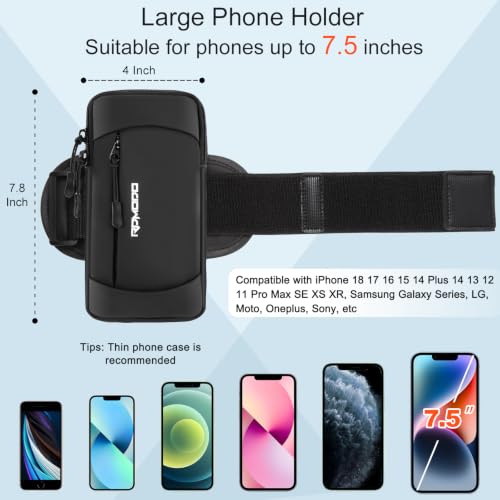 Phone Holder for Running, Large Capacity Arm Band for Phone 7.5" Blk - color: 01-Black