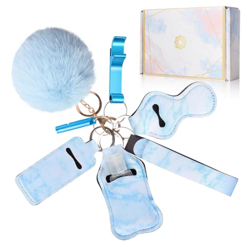 8 Piece Safety Keychain Set for Women, Blue Neoprene Wristlet Strap with Pom Pom, Whistle, Bottle Opener, Lipstick Holder, and Empty Bottle, 8-in-1 Utility for Students and Night Runners