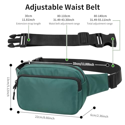 Fanny Pack Nylon Mini Belt Bag Everywhere Belt Bag for Women Water Repellent Waist Packs Crossbody Bags with Adjustable Strap - color: Green