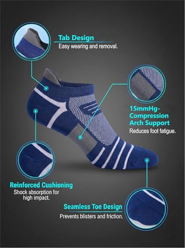 Kodal Copper-Infused Ankle Compression Running Socks Cushioned Perfect Fit - color: Purple/Yellow-5 Pairs, size: Medium-10