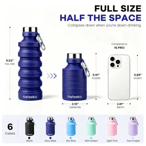 Nefeeko Collapsible Water Bottle, 27oz Reuseable BPA Free Silicone Foldable Water Bottles for Travel Gym Camping Hiking, Portable Leak Proof Sports Water Bottle with Carabiner - color: Navy Blue-27oz