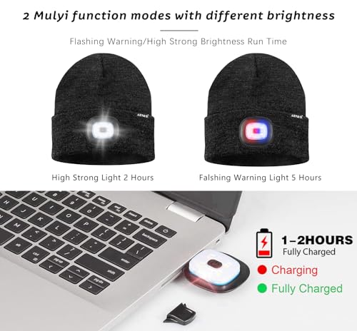 ATNKE LED Lighted Beanie Hat,USB Rechargeable 4 LED Red and Blue Flashing Running Headlamp Cap Gifts for Men and Women - color: #Dark Grey