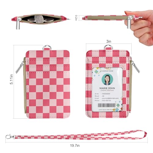 bolimoss Checkered Lanyard Wallet with Id Badge Holder Slim Keychain Wallet for Women Zip Card Holder with ID Window, 5 Card Slots, Side Zipper Coin Purse, Detachable Neck Strap - color: Rose Red Checkerboard