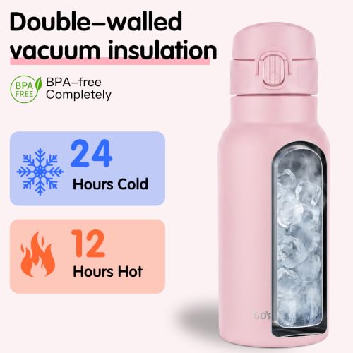 GOPPUS 17oz Kids Insulated Water Bottle, Leak-Proof Flip Lid & Carry Handle - color: Pink