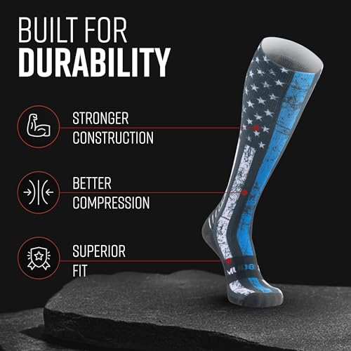 MudGear Graduated Compression Socks, Durable, Sweat-Resistant OCR Performance Socks with Cushioned Footbed, Made in USA - color: Blue Line, size: Medium
