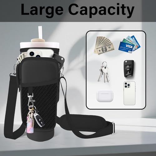 Water Bottle Carrier Bag for Stanley Cup 40/30oz, Neoprene Water Bottle Holder Pouch with 3 Pocket Adjustable Shoulder & Hand Strap - color: Black