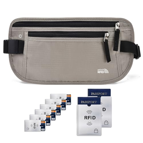 Unisex Money Belt with RFID Blocking Sleeves, Slim Passport Holder RFID Blocking Travel Essentials, Waist Pouch to Protect Cash, Light Grey & 6 Sleeves - color: Light Grey & 6 Sleeves, size: Medium