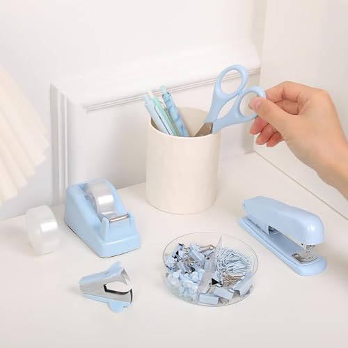 SKYDUE Blue Office Desk Accessories, Stapler and Tape Dispenser Set,10PCS - color: Blue