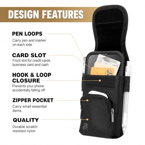 Perilogics Tactical MOLLE Phone Holster for Men, EDC Cell Phone Pouch with Belt Clip, Durable Nylon Belt Phone Holder Fits iPhone 17/16/15/14 Pro Max, Samsung S25/S24 Ultra with Rugged Case - color: Black-Molle